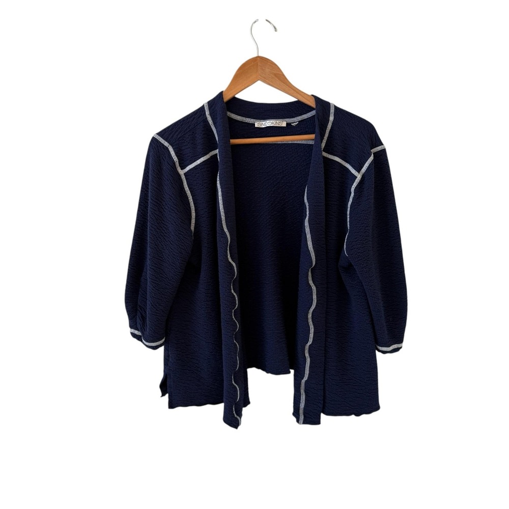 Sno Skins Open Front Cardigan Sweater Womens L Blue Waffle Knit 3/4 Sleeve